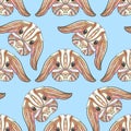 Seamless pattern rabbit coloring outlines in boho style. Ethnic hare