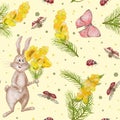 Seamless pattern with rabbit and flowers. Festive pattern with a bunny and a bouquet of flowers, butterflies and