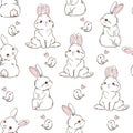 Seamless Pattern Rabbit. Hand Drawn Bunny and a little bird, print design rabbit background. Vector Seamless. Print Design Textile