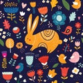 Seamless pattern with rabbit. Illustration with cute bunny and beautiful flowers. Royalty Free Stock Photo