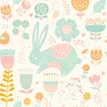 Seamless pattern with rabbit. Illustration with cute bunny and beautiful flowers. Royalty Free Stock Photo