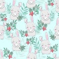 Seamless pattern rabbit with rowan and leaves, bunny print design background vector textile for kids fashion