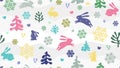 Seamless pattern with rabbits, birds, trees and snowflakes against the background of wavy snowdrifts
