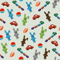 Seamless pattern with rabbits, cars and locomotives