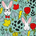 Seamless pattern with rabbits in eyeglasses. Vector art.