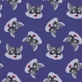 Seamless pattern raccoon muzzle purple background, tiles for textile decoration, packaging and wallpaper, vector