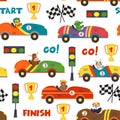 Seamless pattern with race cars and animals