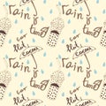 Seamless pattern with rain, cups of cocoa, umbrellas