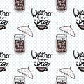 Seamless pattern with rain, cups of cocoa, umbrellas