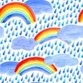 Seamless pattern with rain drops,clouds and rainbow. Royalty Free Stock Photo