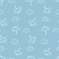 Seamless pattern with rain, umbrellas and clouds, autumn background.