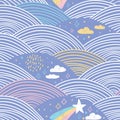 seamless pattern rainbow abstract scales, sky clouds stars, simple Nature doodle lines scandinavian style background. Nursery