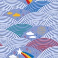 seamless pattern rainbow abstract scales, sky clouds stars, simple Nature doodle lines scandinavian style background. Nursery Royalty Free Stock Photo