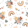 Seamless pattern with rainbow, birds and flowers. Cute vector background for nursery decor, fabrics, children textiles