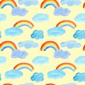 Seamless pattern of a rainbow and clouds.Watercolor hand drawn illustration. Royalty Free Stock Photo