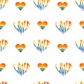 Seamless pattern with rainbow colored groovy word love in heart shape. Retro 60s 70s background with LGBT symbols