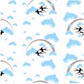 Seamless pattern rainbow, flying swallows, clouds stock vector