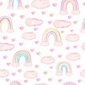 Seamless pattern with rainbow heart and cloud in pastel color. Childish decorative art