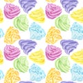 Seamless pattern rainbow multicolored buttercream, sweet whipped cream, ice cream, marshmallows. Food clipart cupcakes