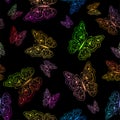 Seamless pattern with rainbow multicolored butterflies on the black background. Vector illustration Royalty Free Stock Photo