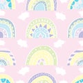 Seamless pattern with rainbow in pastel colors. Cute hand drawn background. Royalty Free Stock Photo