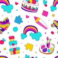 Seamless pattern with rainbow, pencil, cake. Kids club, childish decor repeating background, textile, packaging