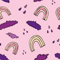 Seamless pattern with rainbow, rain and clouds. Pink background. Royalty Free Stock Photo
