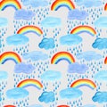 Seamless pattern of a rainbow,rain drops and clouds. Royalty Free Stock Photo