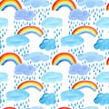 Seamless pattern of a rainbow,rain drops and clouds. Royalty Free Stock Photo