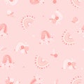 seamless pattern with rainbowa, hearts and flowers in pink and white colors on light pink background Royalty Free Stock Photo