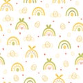 Seamless pattern with rainbows with bunny ears and easter eggs Royalty Free Stock Photo