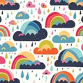 Seamless pattern with rainbows, clouds and raindrops. AI generated