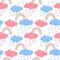 Seamless pattern with rainbows and clouds, vector illustration.
