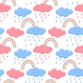 Seamless pattern with rainbows and clouds, vector illustration.