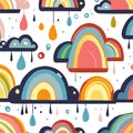 Seamless pattern with rainbows and raindrops. Vector illustration AI Generated