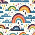 Seamless pattern with rainbows and raindrops. Vector illustration Generative AI