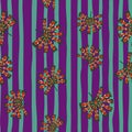 Seamless pattern with random folk licuala palm print in geometric style. Purple striped background Royalty Free Stock Photo