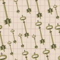 Seamless pattern with random key simple ornament. Old gold security shapes on light pink chequered background