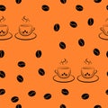 Seamless pattern in random order from a pair of cups of coffee and coffee beans
