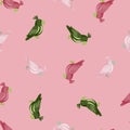 Seamless pattern with random pink, white and green parrots elements. Pastel pink background