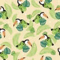 Seamless pattern with random toucan, flat vector stock illustration with repeating bird of paradise in leaves for printing on