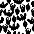 Seamless pattern of randomly placed flying ghosts, black spirits in doodle style on a white background