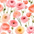 Seamless watercolor pattern with floral plants RANUNCULUS. Vector Illustration