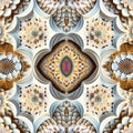 Seamless pattern Rapport with beautiful mandalas with relief for repetition. Generative AI. Pattern mirrored repeat duplicates Royalty Free Stock Photo