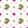 Seamless pattern with raspberries, flowers and leaves