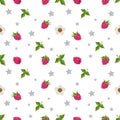 Seamless pattern with raspberries, flowers and leaves