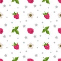 Seamless pattern with raspberries, flowers and leaves