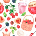 Seamless pattern. Raspberry sweets. Watercolor illustration. Isolated on a white background.