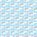 Seamless pattern with rat sleeping on a cloud on blue textural background. Little cute gray mouse with big ears. Design for a