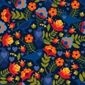 Seamless pattern with raven, symbols of the heart and flowers. Background with flat shapes in blue, green, red, orange and yellow Royalty Free Stock Photo